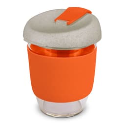 A drink bottle with a clear base, orange silicone sleeve, and grey lid featuring an orange clip.