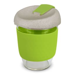 A drink bottle featuring a clear glass body, green silicone sleeve, and a light grey lid. It has a logo.