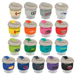 A drink bottle collection featuring various coloured silicone sleeves and clear glass bodies, each with a lid.