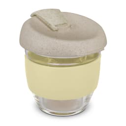 A drink bottle with a clear glass body, beige lid, and soft yellow silicone band. It features a logo.
