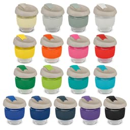 A drink bottle collection featuring various colours with clear bases and textured lids. Each bottle has a logo.