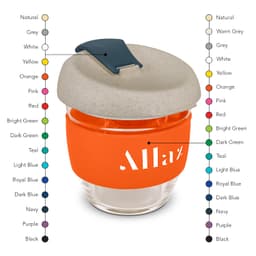 A drink bottle with a clear glass body, orange silicone sleeve, and natural-toned lid. Features a logo.