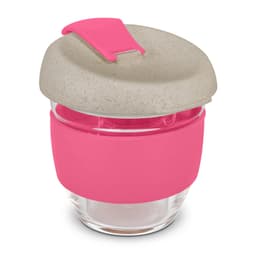 A drink bottle with a transparent glass body, pink silicone sleeve, and a speckled grey lid. It features a logo.