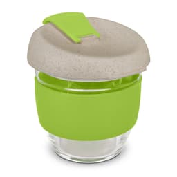 A drink bottle featuring a transparent glass body with a green silicone sleeve and a beige lid.