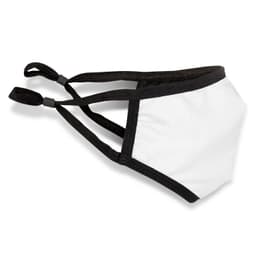 A white reusable face mask with black straps and a logo on the side.