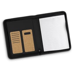 A black A4 portfolio with cork cardholders and a lined notepad, featuring a zip closure.