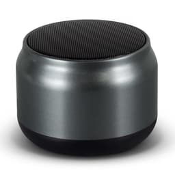 Auris Bluetooth speaker in metallic silver with a black base. Compact design with a textured top.