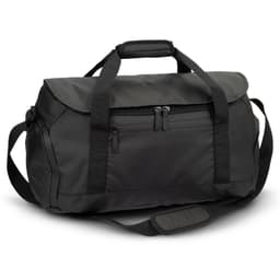 Aquinas 20L duffle bag in black with dual handles and a shoulder strap, featuring a front zip pocket.