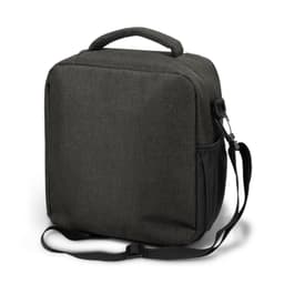 A dark green cooler bag with a handle and adjustable strap, featuring a side mesh pocket and a logo.