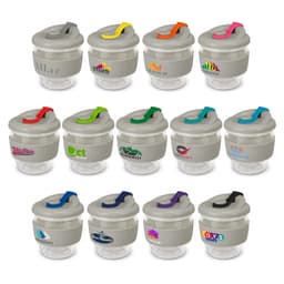 A drink bottle collection featuring the Valencia Cup in various colours with grey lids and hooks, each with logos.
