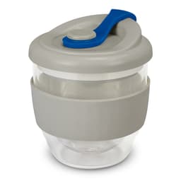 A drink bottle in grey and clear glass with a blue lid and a silicone band, featuring a logo.