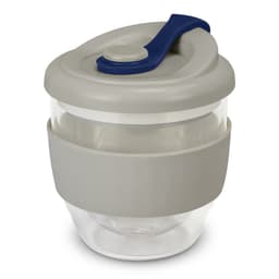 A drink bottle with a clear glass body, grey silicone sleeve, and a blue lid featuring a flip top and a logo.