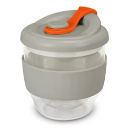 A drink bottle featuring a grey body and lid with an orange toggle, designed with a rubber grip.