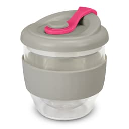 A drink bottle with a transparent glass body, grey silicone sleeve, and a pink lid. It features a logo.