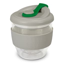A drink bottle featuring a clear body with a grey sleeve and a green lid, complete with a logo.