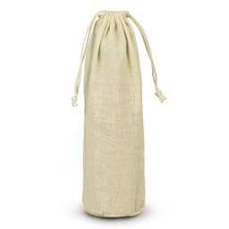 A drink bottle gift bag in a light beige colour, crafted from cotton with a drawstring closure. It features a logo.