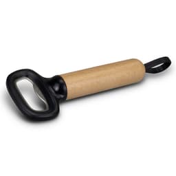 A drink bottle opener with a wooden handle and a black metal end, featuring a loop for easy storage.