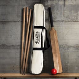 A cricket set featuring a wooden bat, red ball, and four wooden stumps, all contained in a beige carrying bag.