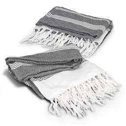 A grey and white Ohau Throw Blanket with tasselled edges, featuring a geometric pattern. It has a branding logo.