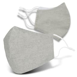 Two light grey linen face masks with adjustable ear straps, featuring a subtle texture and streamlined shape.