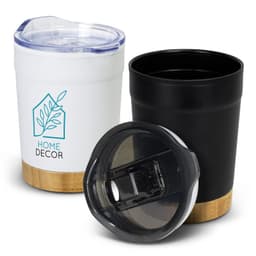 A double wall cup in white and black, featuring a bamboo base and a lid with a logo.