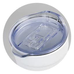 A double wall cup in white with a clear lid, featuring an integrated drinking spout and a brand logo.