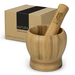 A bamboo mortar and pestle set in a round shape, accompanied by a kraft box featuring a logo.