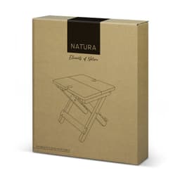 A brown cardboard box containing a bamboo folding wine table, featuring a simplistic line drawing and a logo.