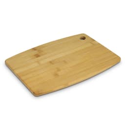 A bamboo chopping board with a smooth surface and a hole for hanging. It features a natural wood finish.