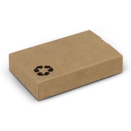A kraft cardboard box with a recycle logo, designed for packaging playing cards.