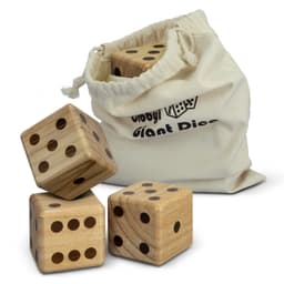 A set of three wooden yard dice in a cream drawstring bag, featuring black dots on each die.