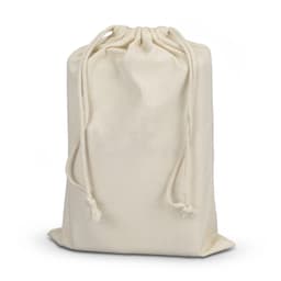 A cream drawstring pouch made of fabric, featuring two ropes for closure.