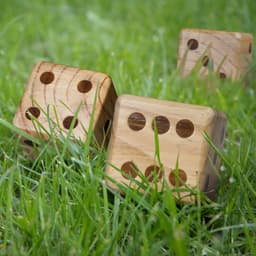 A set of wooden yard dice in natural wood colour, resting on green grass.