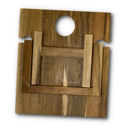 A wooden folding wine table in natural tones with a circular cutout and a logo.