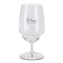 A clear wine glass with a curved bowl and a sturdy base, featuring a logo.