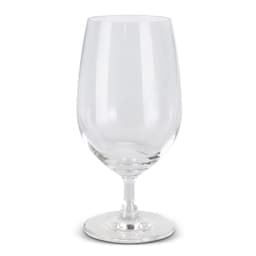A clear, elegant beer glass with a stem and a wide bowl, showcasing a sleek design.