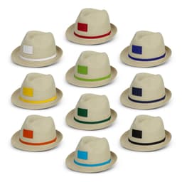 A collection of beige fedora hats with various coloured bands, including green, blue, orange, and yellow, displayed in rows.