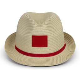 A cream fedora hat with a red band and a square patch, featuring a textured design.
