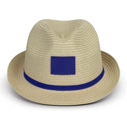 A light beige fedora hat featuring a blue band and a blank area for branding. The texture is ribbed.