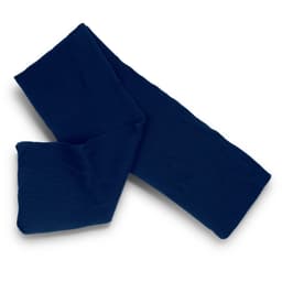 A navy blue ribbed scarf with a soft texture, neatly arranged on a white background. It features a logo.