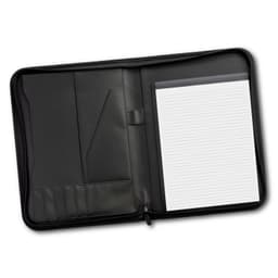 A black travel portfolio case featuring multiple pockets and a lined notepad inside.