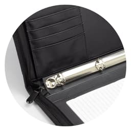 A black Carrington Portfolio with a zipper, featuring pockets and a metal ring binder inside.