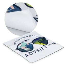 A microfiber cleaning cloth featuring a design of sunglasses and the phrase "Adventure" in white and colourful graphics.