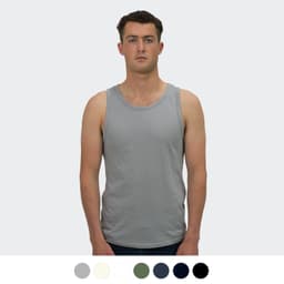 A men's grey tank top with a round neckline, featuring a logo and displayed on a model. Available in multiple colours.