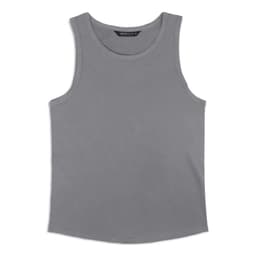 A grey men's tank top with a round neck and an inner label, featuring no visible designs or patterns.