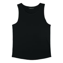 A black men's tank top with a simple design and a branded label.