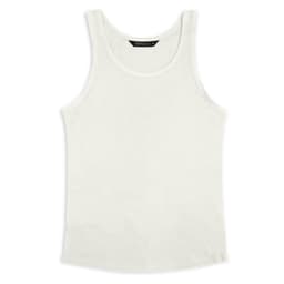A white women's tank top with a classic singlet design; features a logo on the label.