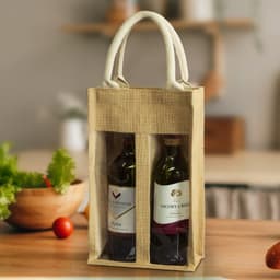 A jute double wine carrier in natural beige with clear panels, featuring two bottles of wine inside.