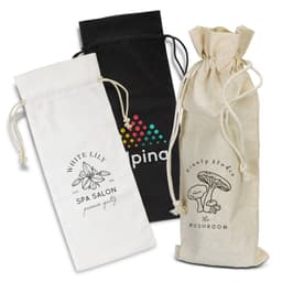 Three cotton drawstring bags in black, white, and natural, featuring different designs and logos.