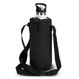 A drink bottle in a black sling bag with an adjustable strap, designed for carrying beverages easily.
